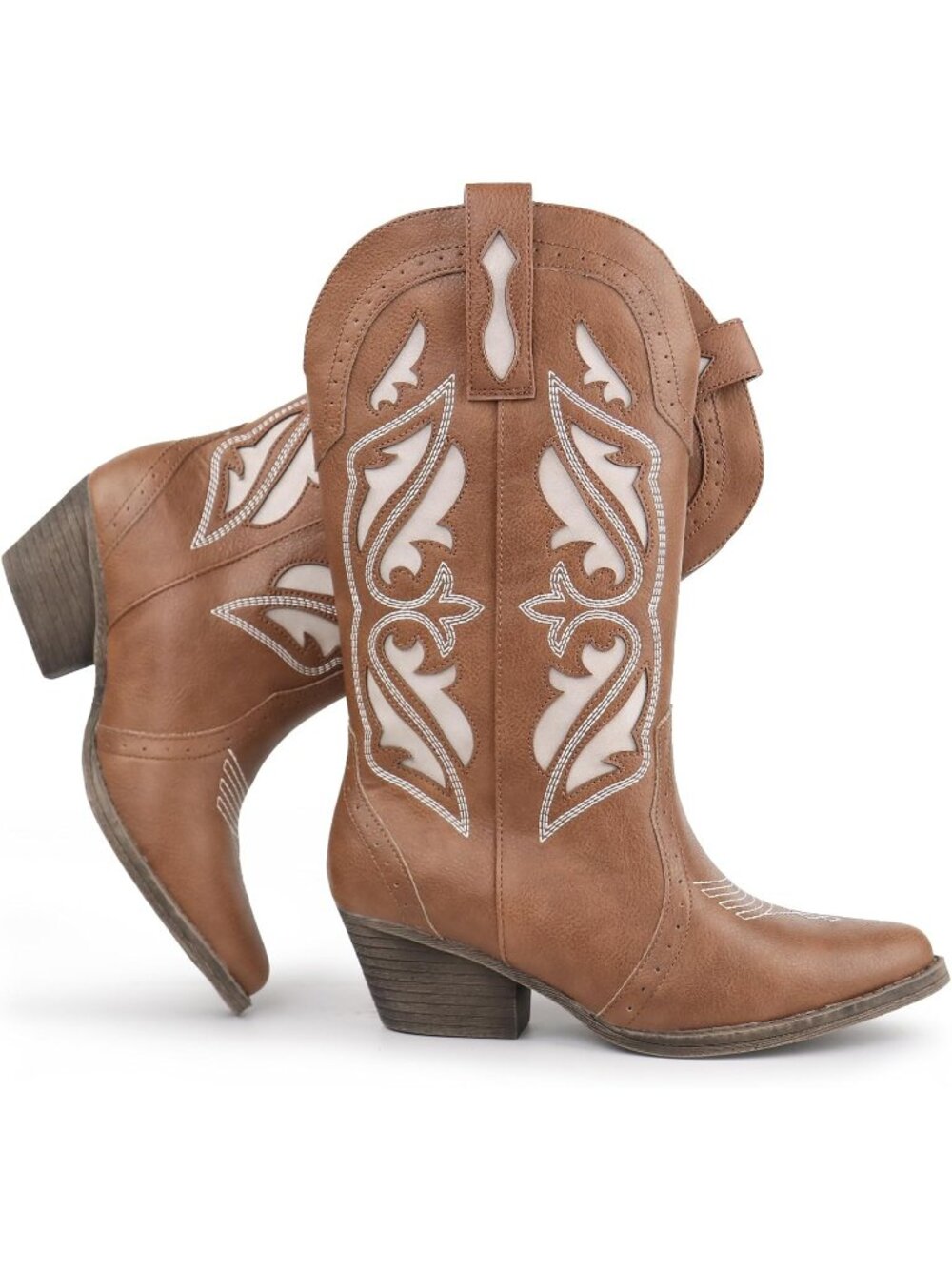 Women’s Brown Embroidered Western Booties Pointed Toe Chunky Block Heel Pull On